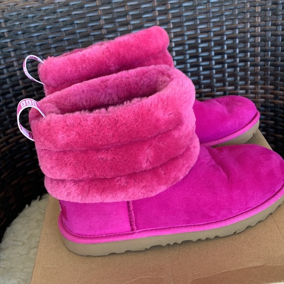 UGG Fluff Mini Quilted 1103612K Boys Fuchsia Pink Suede/Sheepskin Boots - Picture 7 of 16